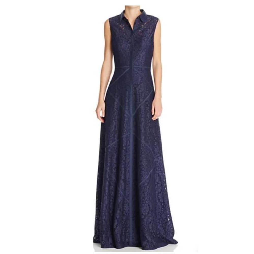 Aidan Mattox sz 4 twilight blue floor length lace gown dress buttons collar $700 - Picture 2 of 16
